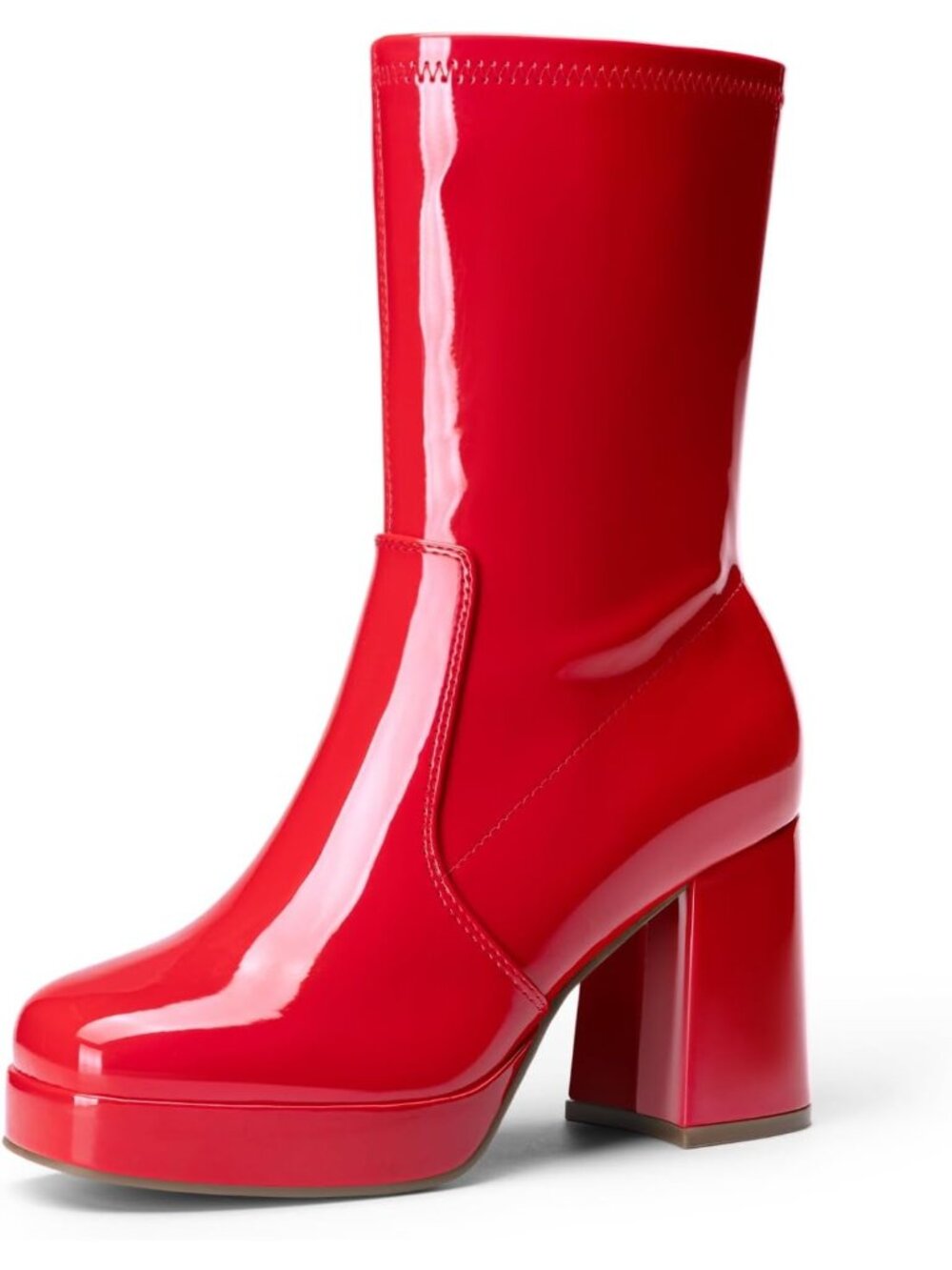 Women's Red Patent Mid Calf Stretch Shaft Side Zipper Chunky Block Heel Boots